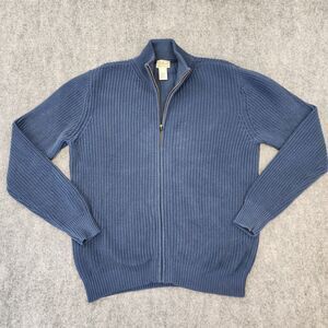 LL Bean Sweater Mens Large Blue Full Zip Long Sleeve Ribbed Knit Mock Neck